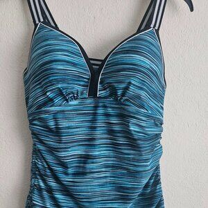 Free Country NWOT Black Striped Tankini Swimsuit Top Adjustable Strap Sides M